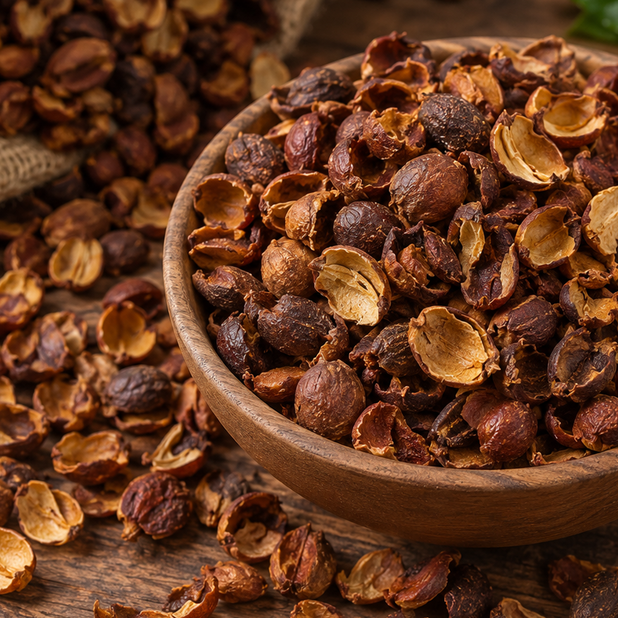 rustic cascara husks in wooden bowl